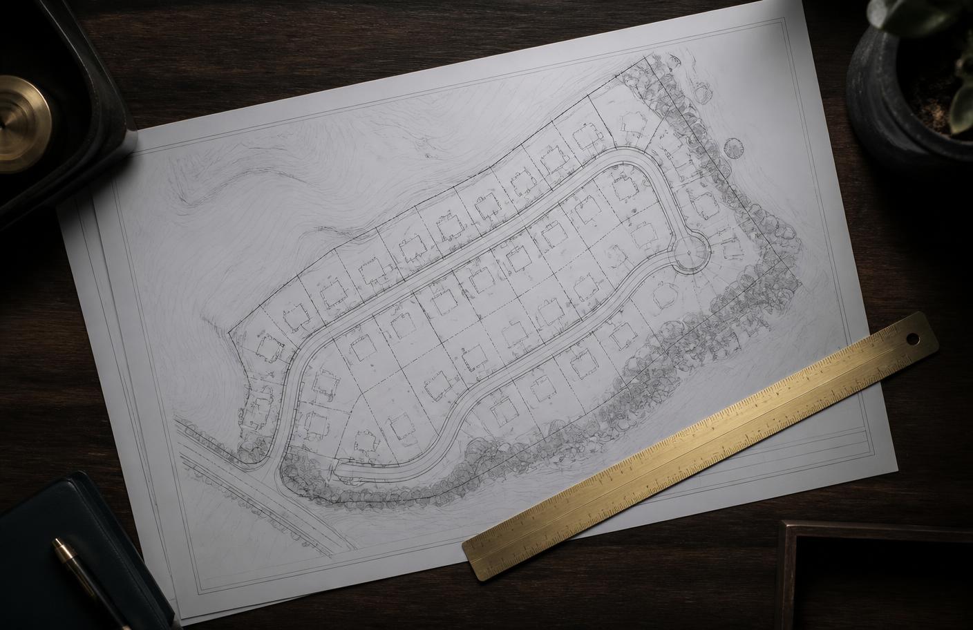 Residential subdivision site plan on a desk